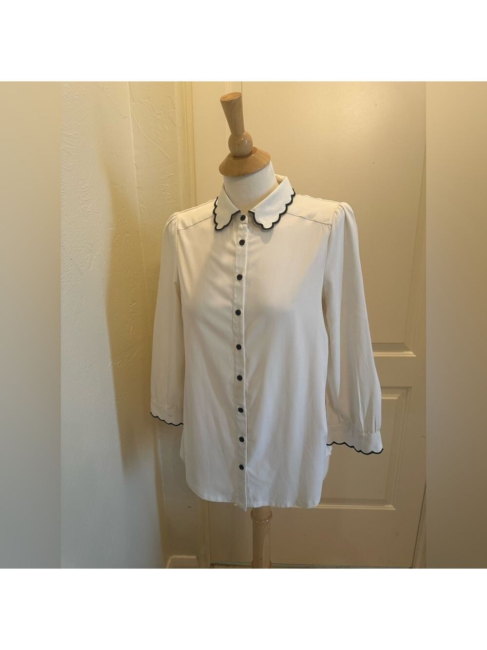 Downeast Cream Scallop Collar Blouse | Black Trim Button Front | Coquette